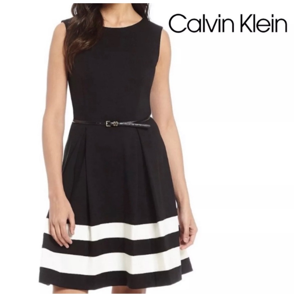 Calvin Klein Black & White Stripe Fit-and-Flare Dress
